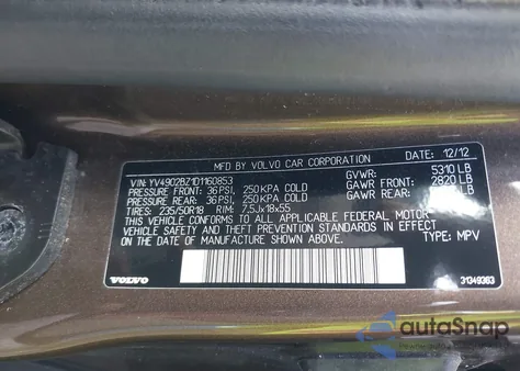 2013 Volvo Xc70 T6 from USA, damaged, VIN YV4902BZ1D1160853